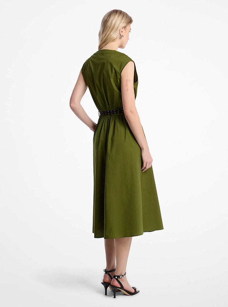 Stretch Cotton Poplin Belted Midi Dress in EVERGREEN | Michael Kors