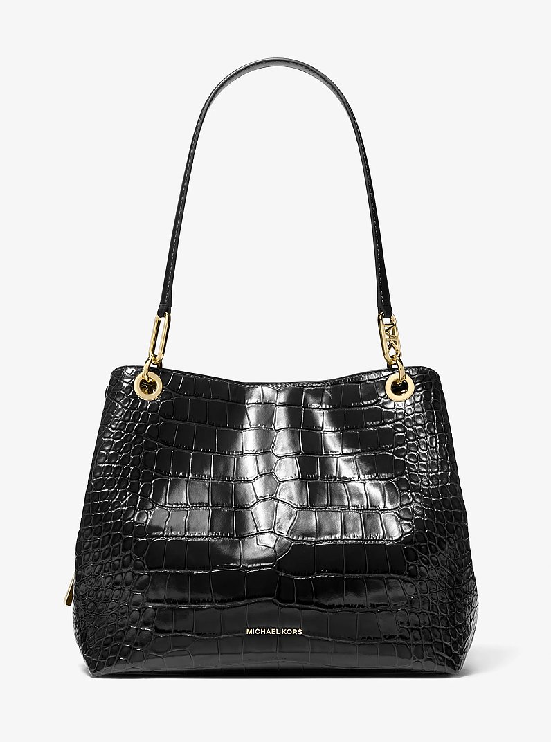 Kensington Large Crocodile Embossed Leather Tote Bag in BLACK | Michael Kors