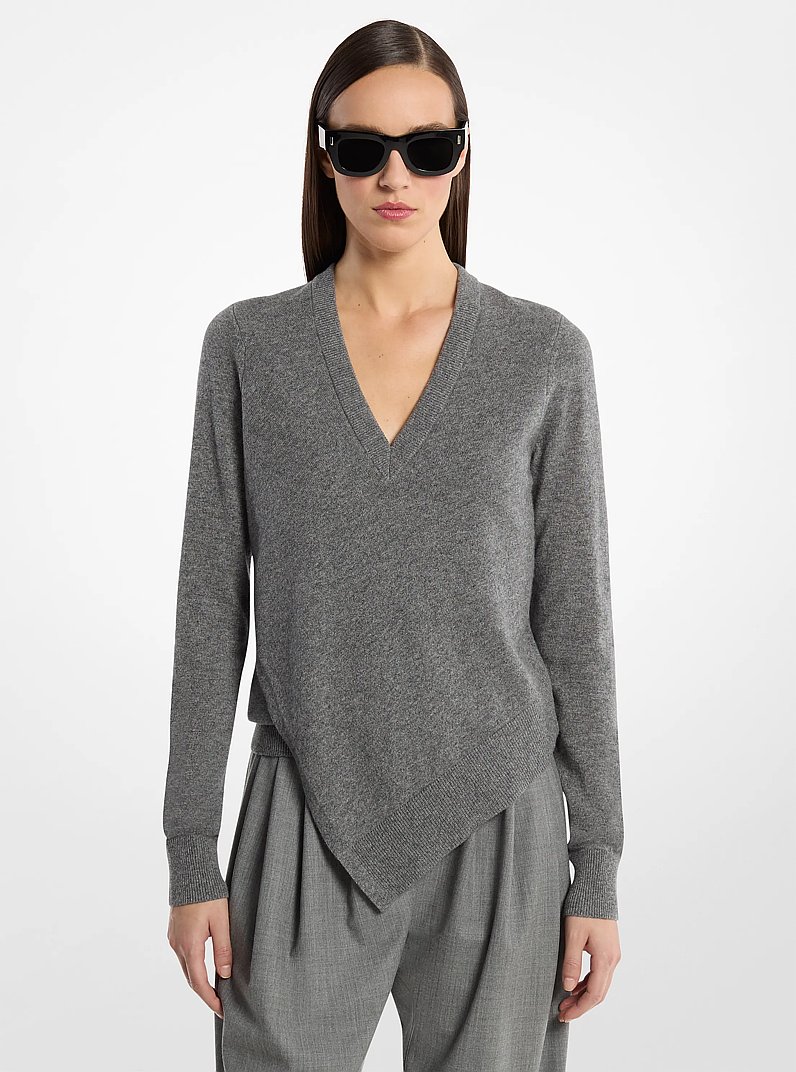 Cashmere V-Neck Asymmetric Sweater in BANKER GREY | Michael Kors