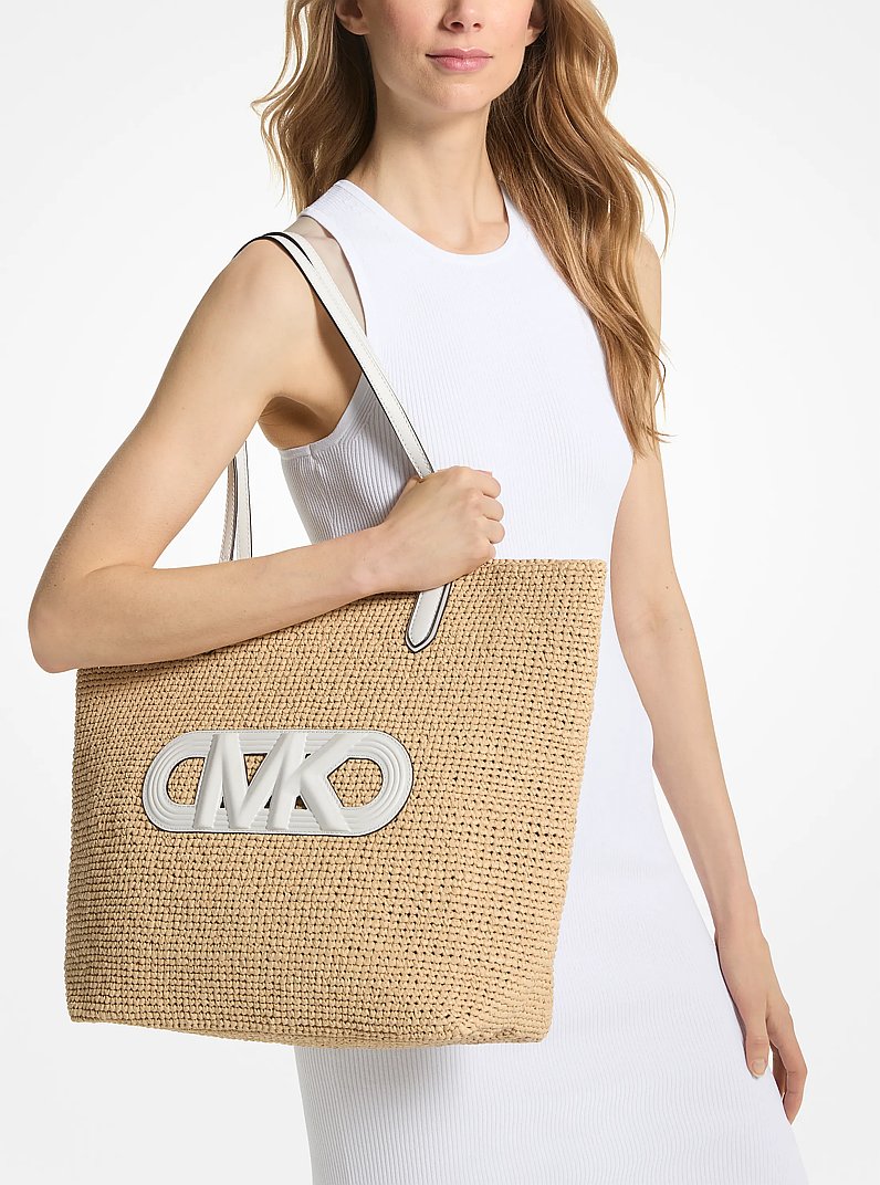 Eliza Extra-Large Empire Logo Straw Tote Bag in NAT/OPTICWHT