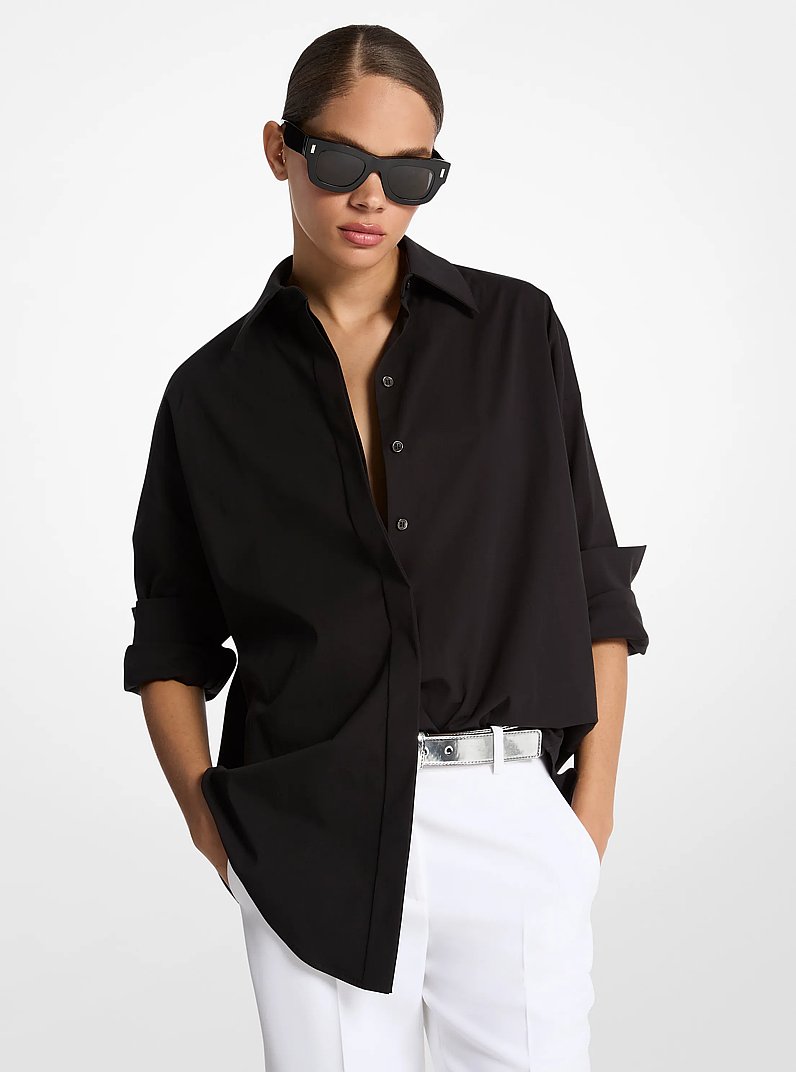 Stretch Cotton Poplin Oversized Shirt in BLACK | Michael Kors