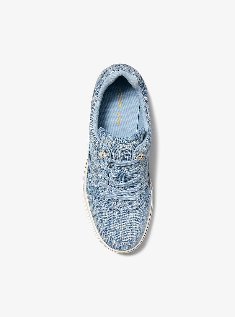 Emmy Signature Logo Print Denim Wedge Trainer in NEW HRZN WSH | Michael Kors