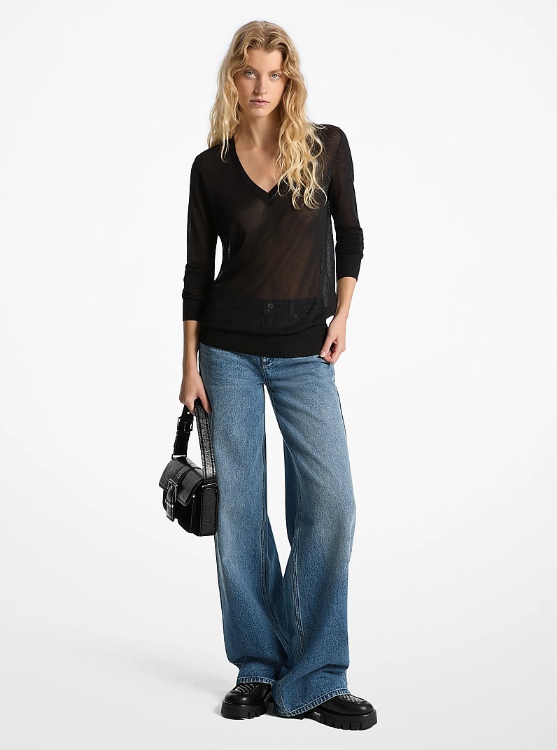 Silk Blend V-Neck Sweater in BLACK | Michael Kors