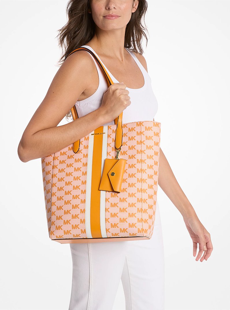 Vincent Large Logo Jacquard Tote Bag with Card Case in POP ORANGE | Michael Kors
