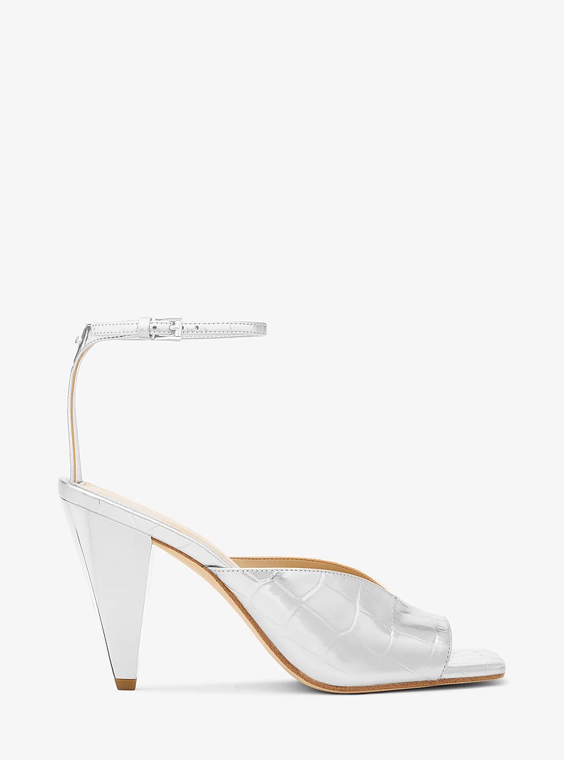 Electra Metallic Crocodile Embossed Leather Sandal in SILVER | Michael Kors