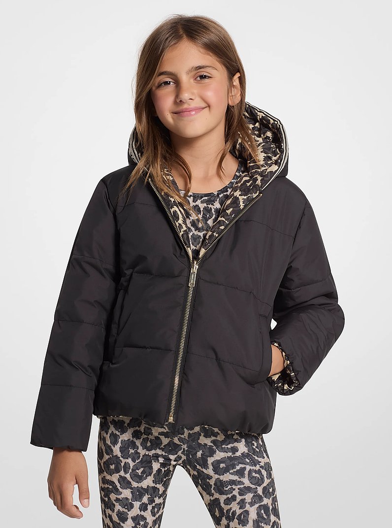 Reversible Leopard Logo Puffer Jacket in CAMEL/BLACK | Michael Kors