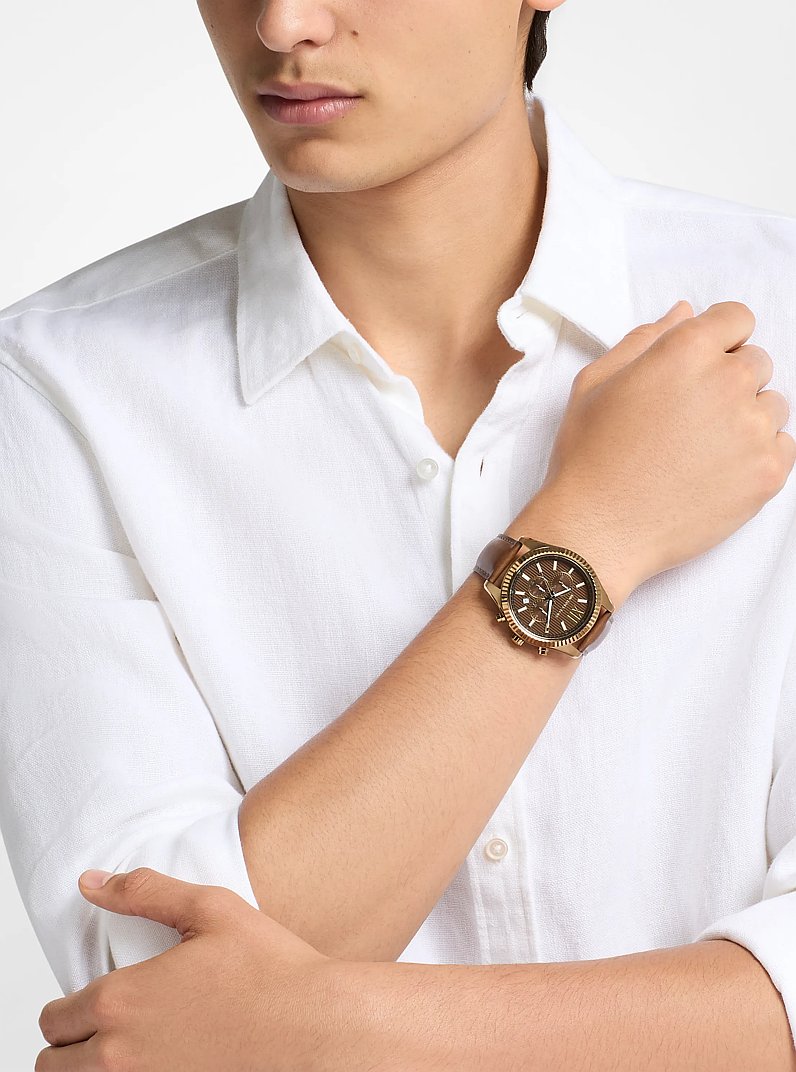 Reloj Lexington oversize en tono dorado beige de piel in CHOCOLATE | Michael Kors