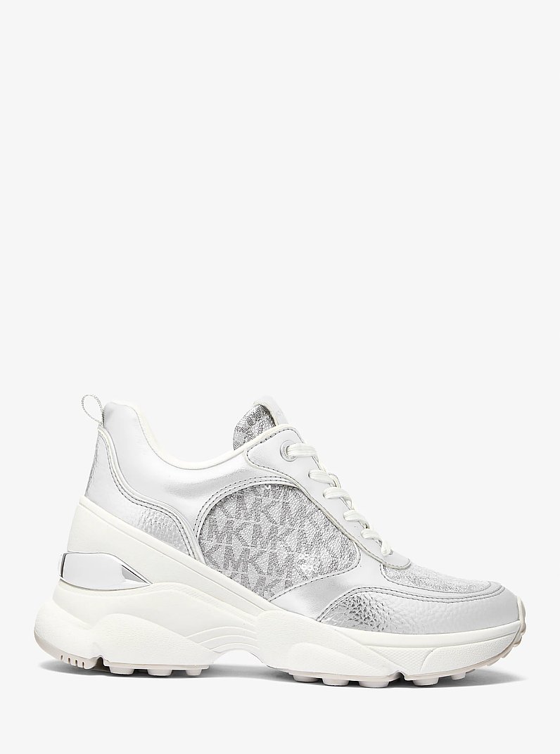 Katrina Sequined Mixed-Media Trainer in SILVER | Michael Kors