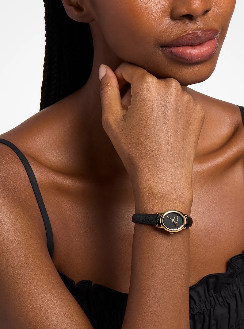 Petite Maude Gold-Tone and Lizard Embossed Leather Watch in BLACK | Michael Kors