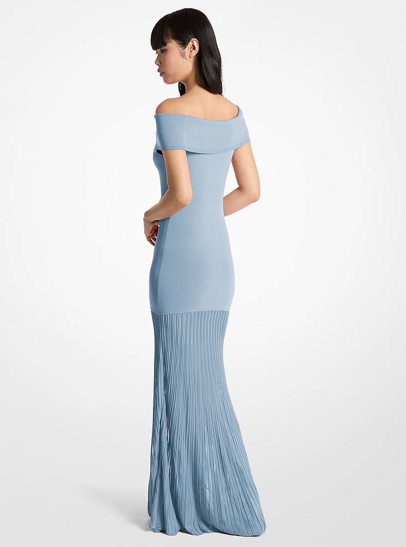 Pleated Stretch Knit Off-The-Shoulder Maxi Dress in CHAMBRAY | Michael Kors