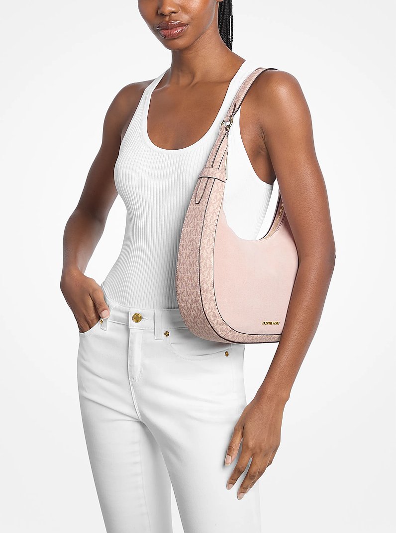 Preston Large Suede and Signature Logo Crescent Shoulder Bag in SOFT PINK | Michael Kors
