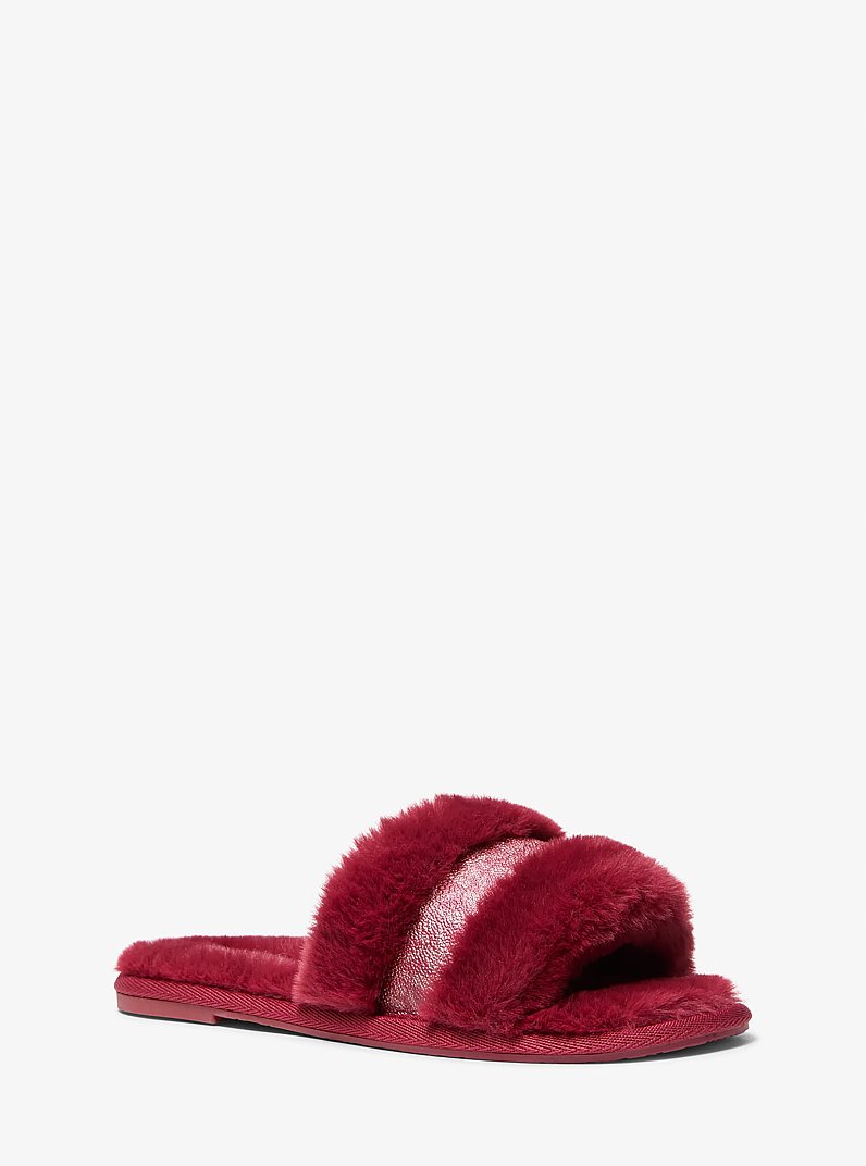 Alexis Faux Fur and Metallic Signature Logo Slide Sandal in CHERRY | Michael Kors