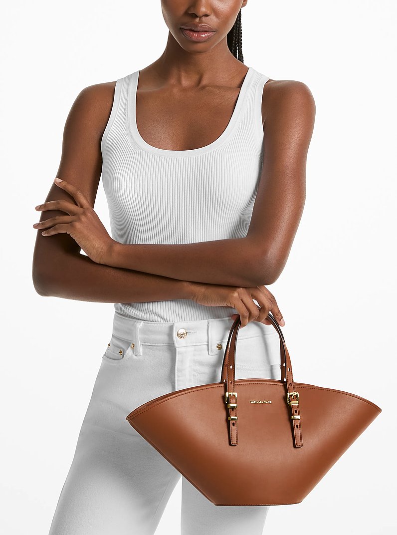 Isa Small Leather Fan Tote Bag in LUGGAGE | Michael Kors