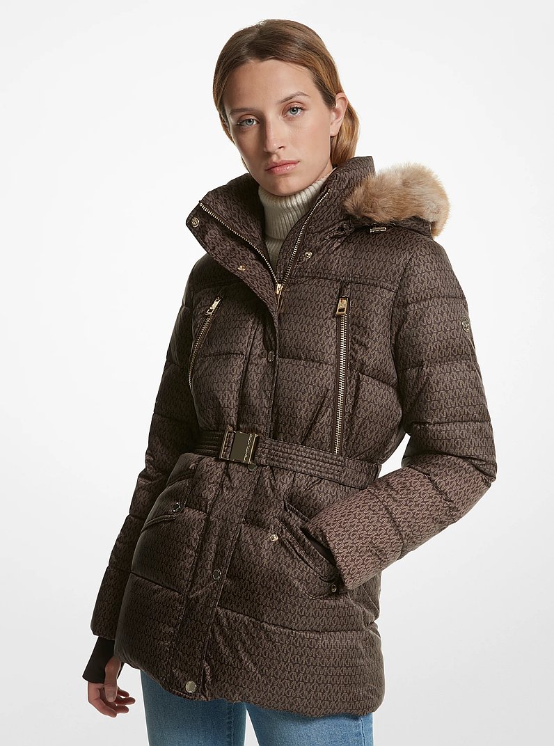 Faux Fur Trim Quilted Belted Puffer Jacket in BLACK - Sale