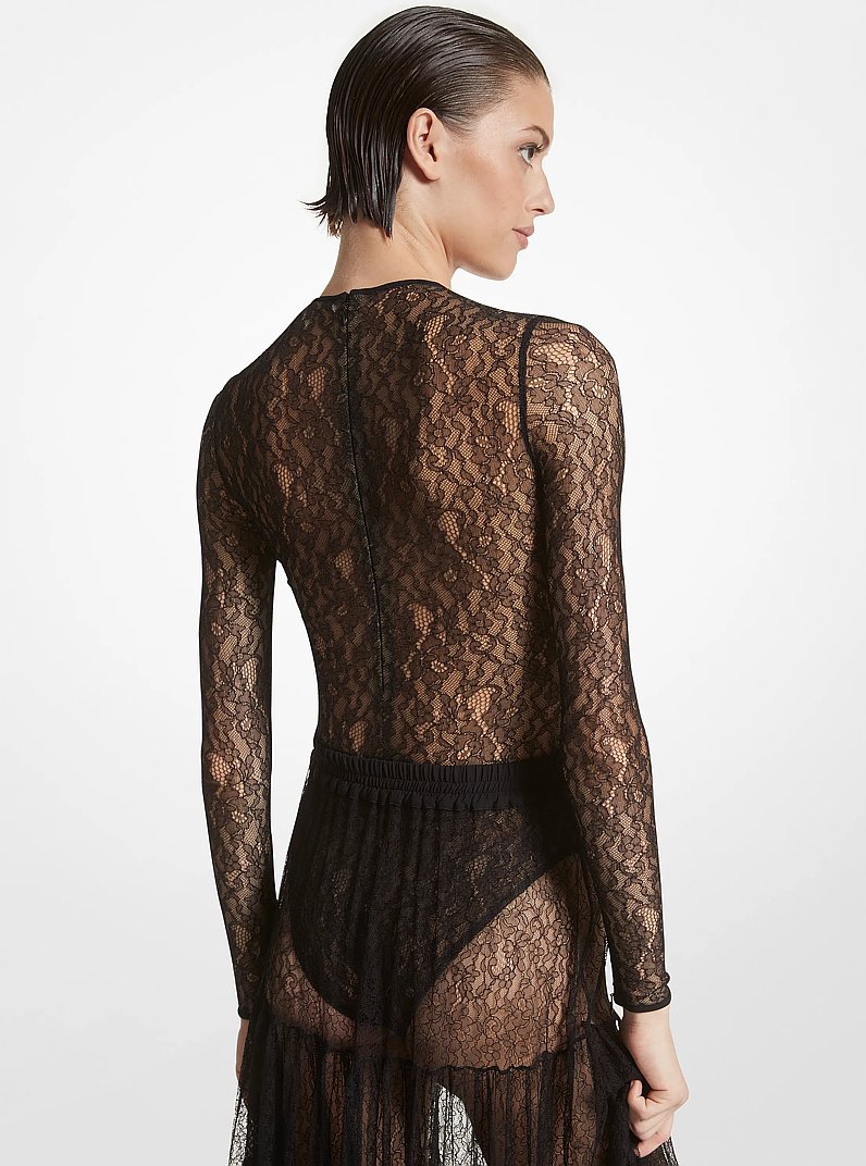 Stretch Chantilly Lace Bodysuit in BLACK | Michael Kors