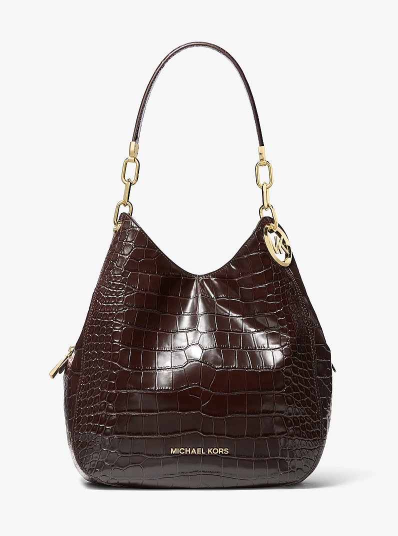 Lillie Large Crocodile Embossed Leather Shoulder Bag in CHOCOLATE | Michael Kors