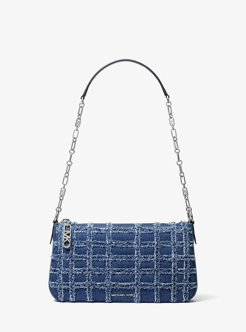 Empire Medium Frayed Denim Chain-Link Pochette in DENIM | Michael Kors