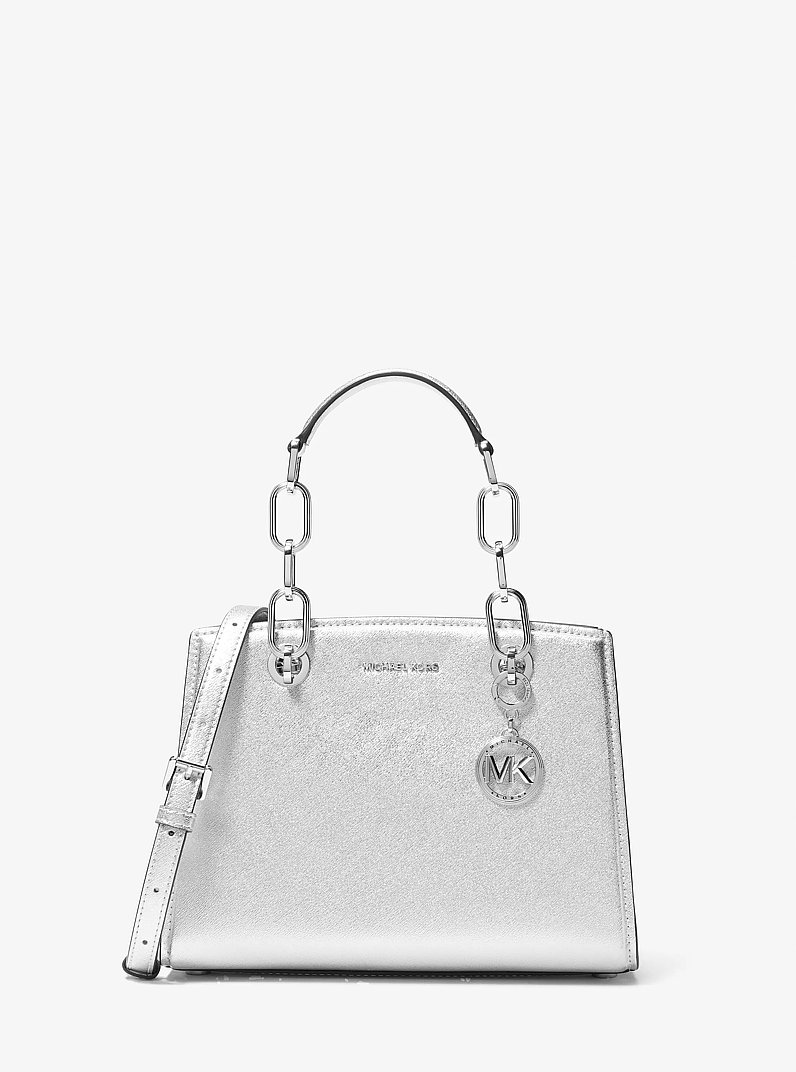 Cynthia Small Metallic Leather Crossbody Bag in SILVER | Michael Kors