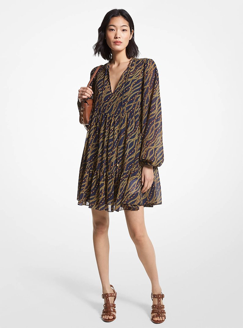 Status Print Georgette Babydoll Dress in MIDNIGHTBLUE | Michael Kors
