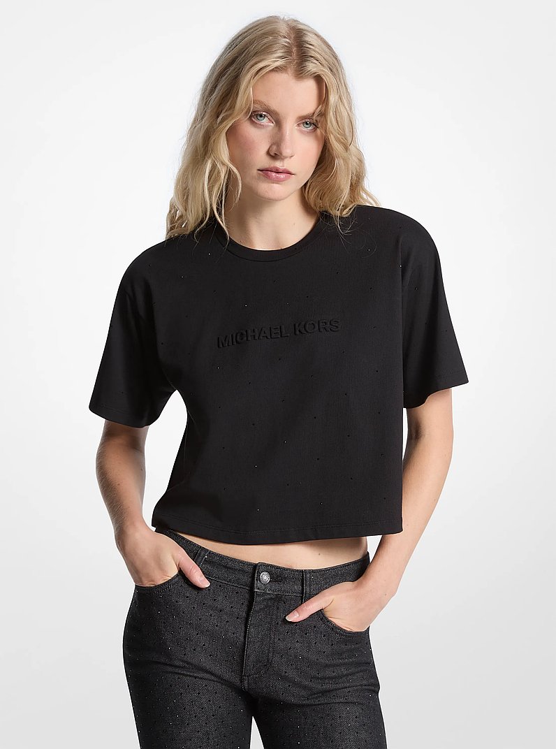 Logo Studded Cotton Jersey T-Shirt in BLACK | Michael Kors