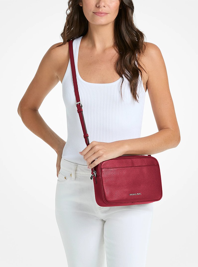 Jet Set Large Pebbled Leather Camera Crossbody Bag in MAROON | Michael Kors