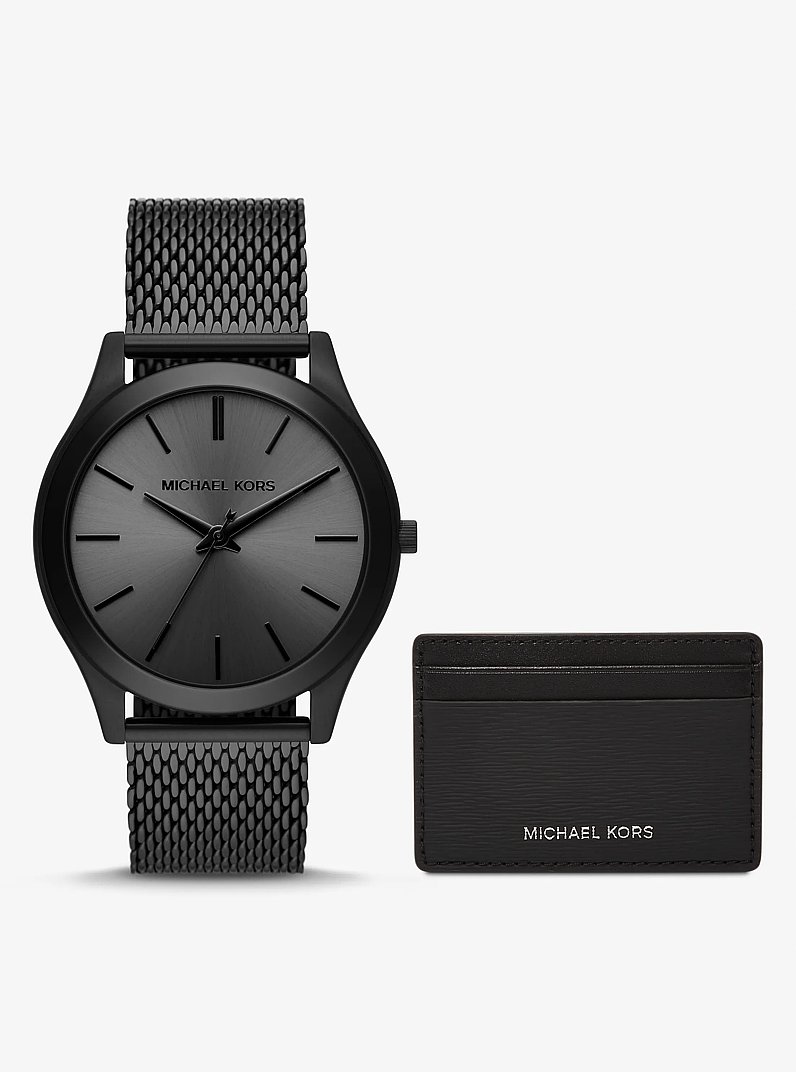 Oversized Slim Runway Black-Tone Watch and Card Case Gift Set in BLACK | Michael Kors