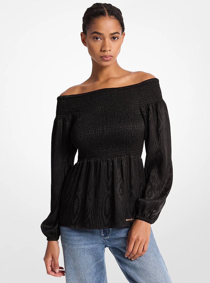 Smocked Moir&eacute; Jacquard Off-The-Shoulder Top in BLACK | Michael Kors