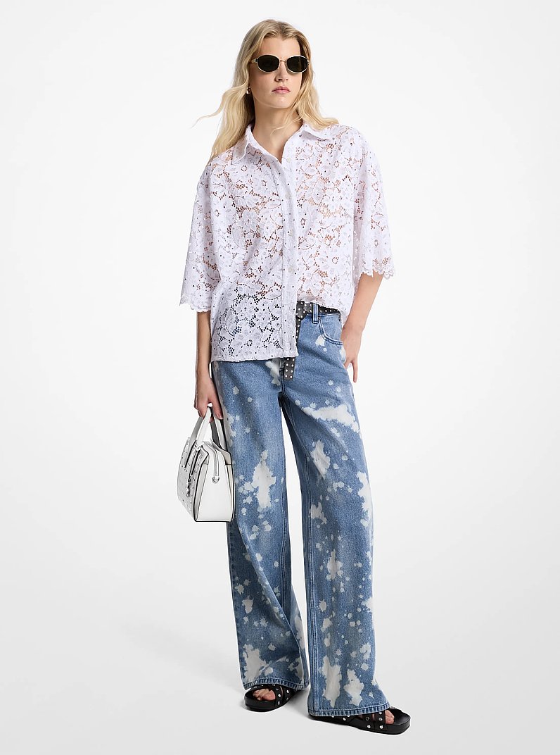 Hand-Splattered Bleach Denim Wide-Leg Jean in UNION WASH | Michael Kors