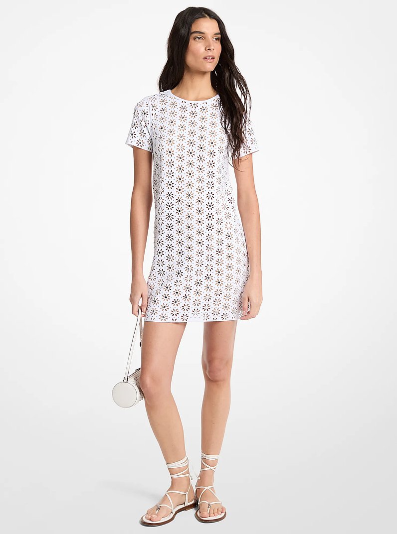 Mirror-Embellished Floral Laser-Cut Scuba Dress in WHITE | Michael Kors