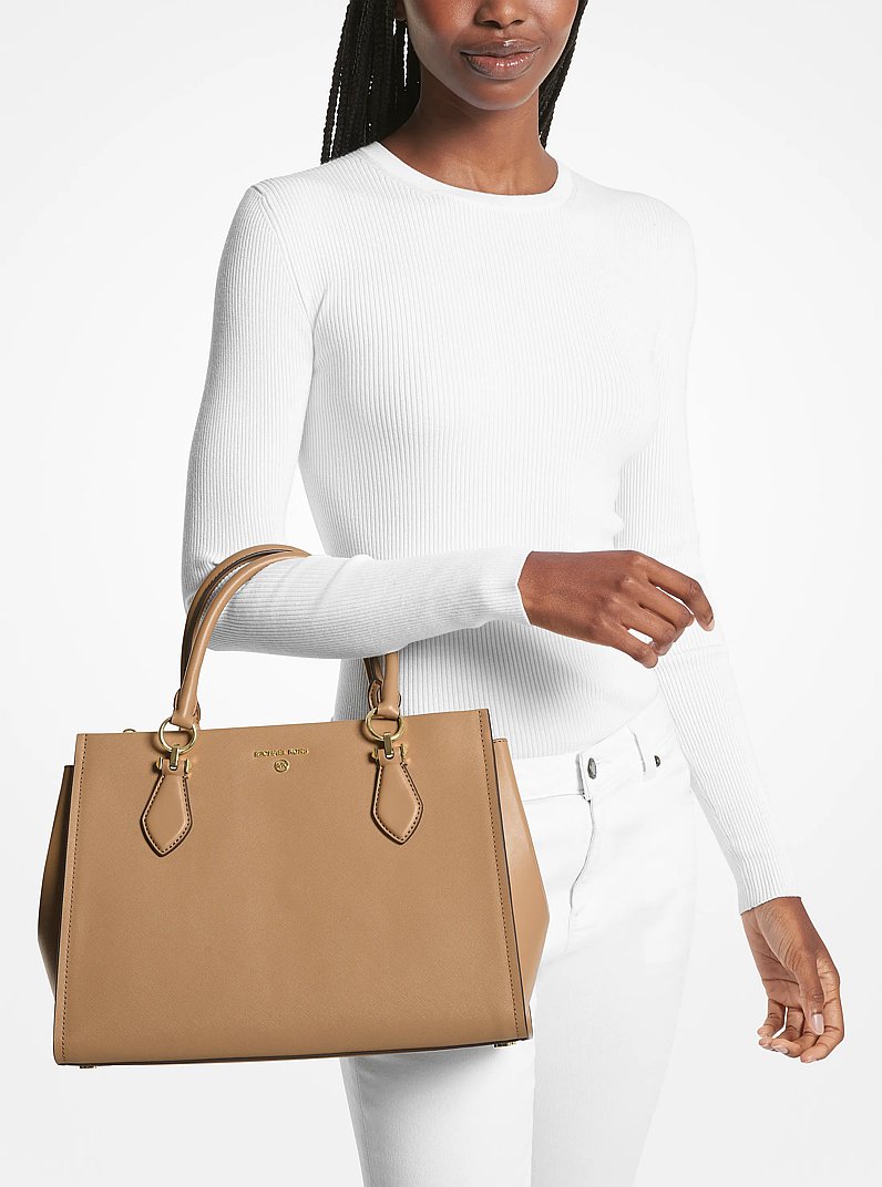Marilyn Large Saffiano Leather Satchel in CAMEL | Michael Kors