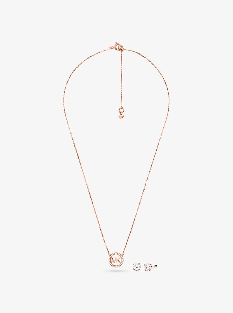 14K Rose Gold-Plated Sterling Silver Pav&eacute; Logo Charm Necklace and Stud Earrings Set in ROSE GOLD | Michael Kors