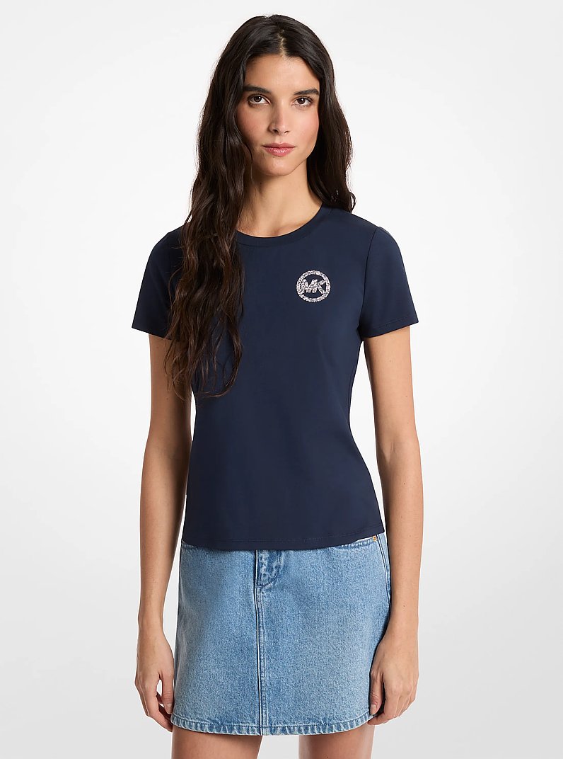 Embellished Logo Stretch Cotton Jersey T-Shirt in MIDNIGHTBLUE | Michael Kors
