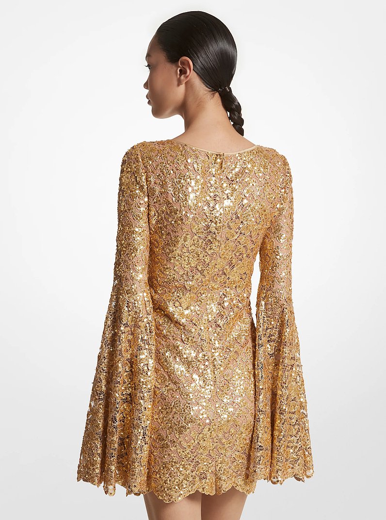 Hand-Embroidered Sequin Floral Lace Keyhole Shift Dress in GOLD | Michael Kors
