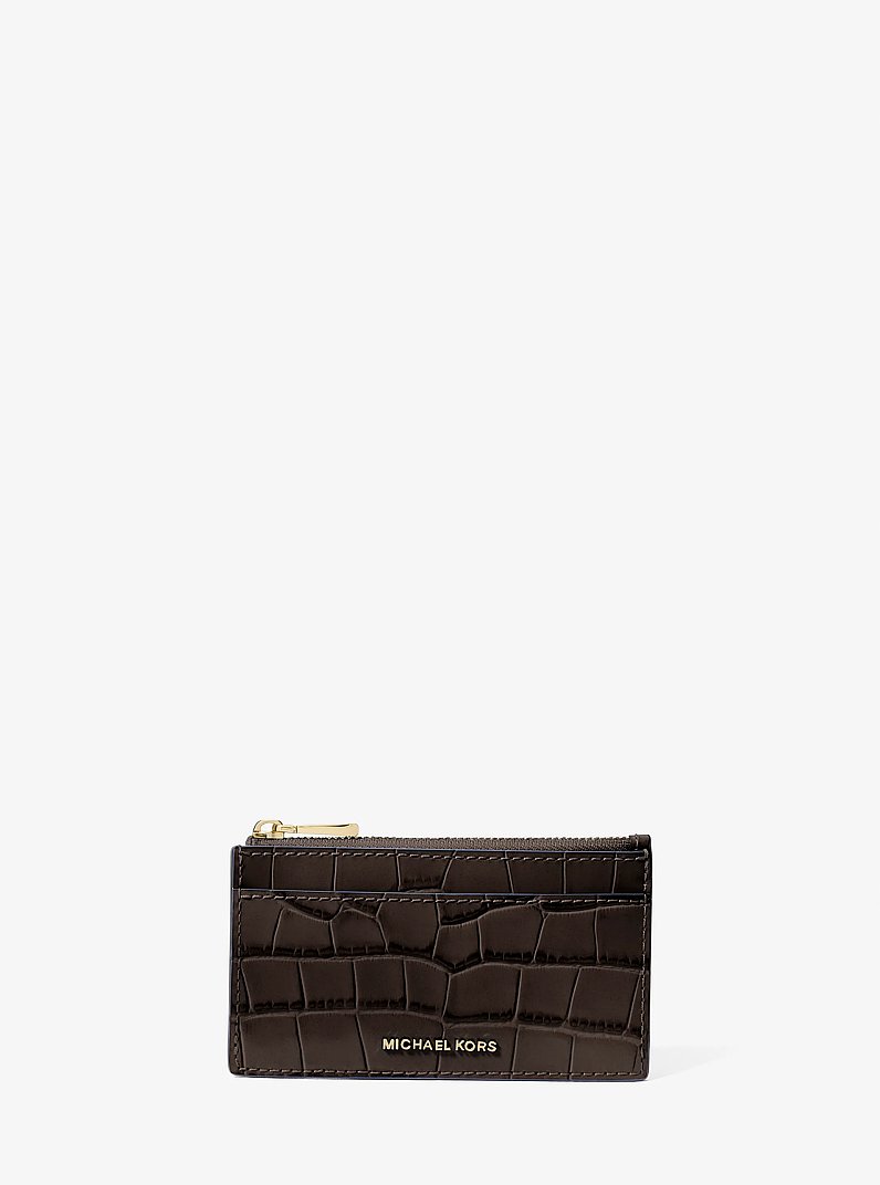 Jet Set Small Crocodile Embossed Leather Card Case in CHOCOLATE | Michael Kors