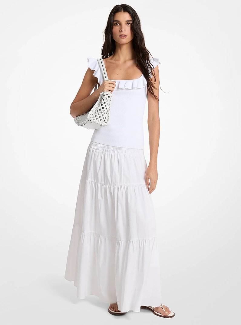 Smocked Cotton Poplin Tiered Maxi Skirt in WHITE | Michael Kors