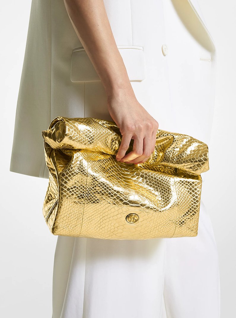 Monogramme Medium Metallic Python Embossed Leather Lunch Box Clutch in GOLD | Michael Kors