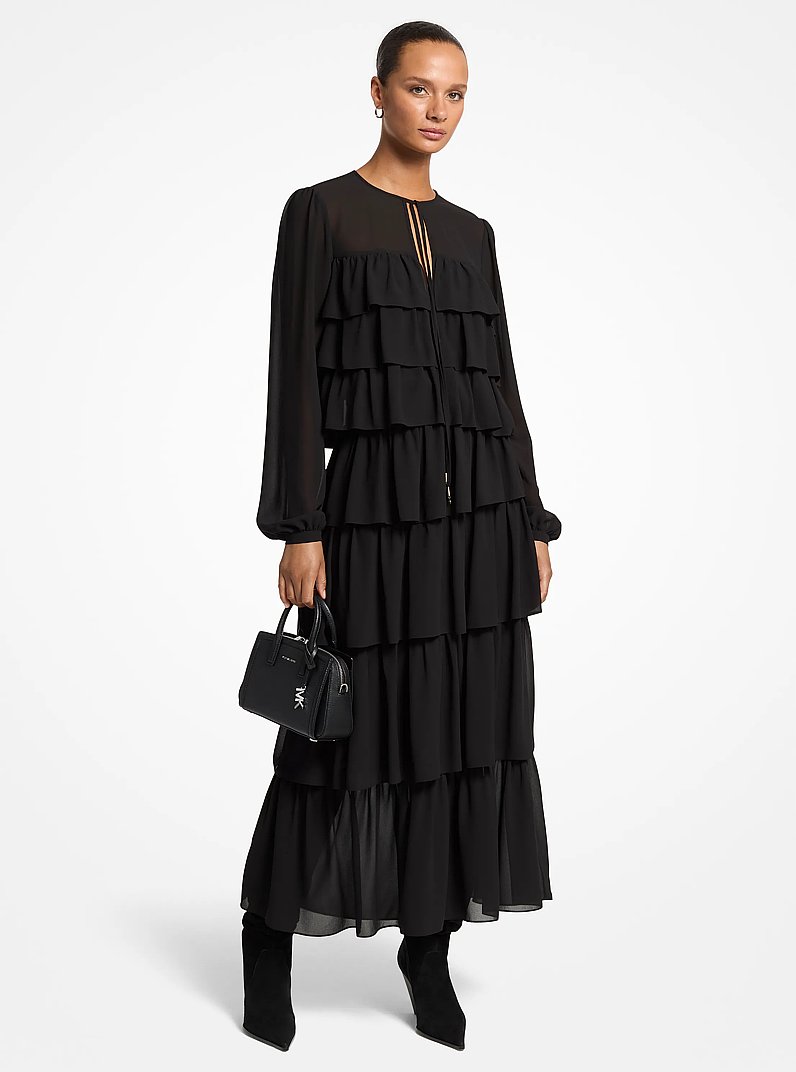 Ruffled Georgette Maxi Dress in BLACK | Michael Kors