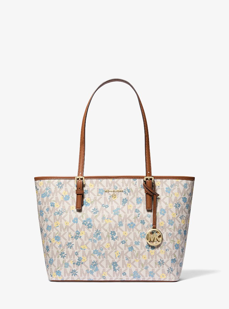 Jet Set Charm Medium Floral Print Logo Tote Bag in VANILLA COMBO