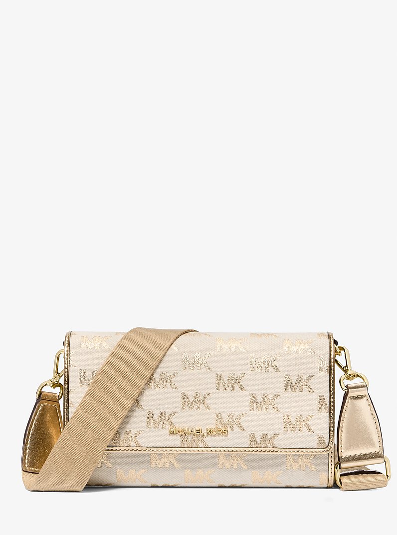 Grand sac &agrave; bandouli&egrave;re Jet Set m&eacute;tallis&eacute; en jacquard &agrave; logo in OR P&Acirc;LE | Michael Kors