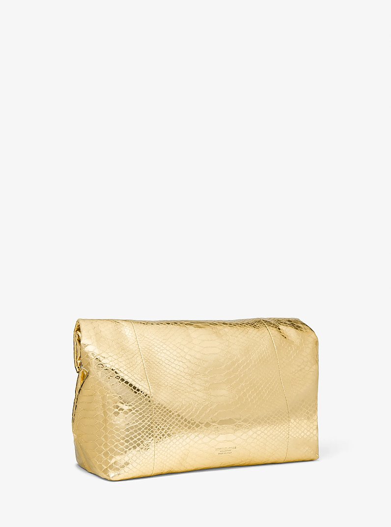 Monogramme Medium Metallic Python Embossed Leather Lunch Box Clutch in GOLD | Michael Kors