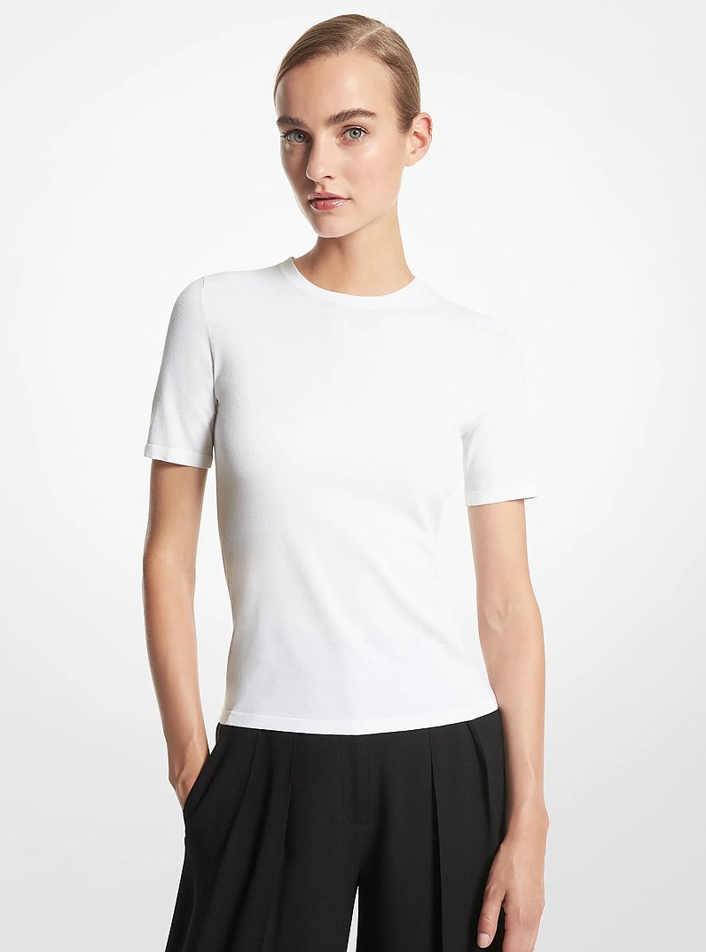Stretch Viscose Short-Sleeve Sweater in OPTIC WHITE | Michael Kors