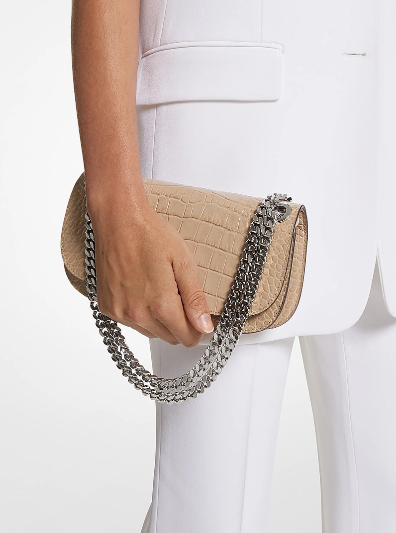 Christie Mini Crocodile Embossed Leather Envelope Bag in SAND | Michael Kors