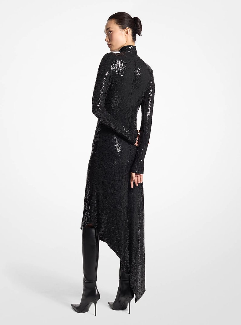 Sequined Stretch Matte Jersey Turtleneck Dress in BLACK | Michael Kors