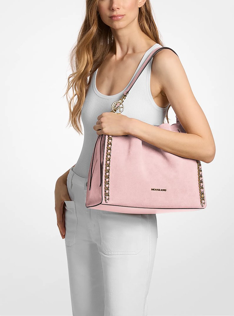Mina Large Suede Chain Shoulder Bag in POWDER BLUSH - Sale