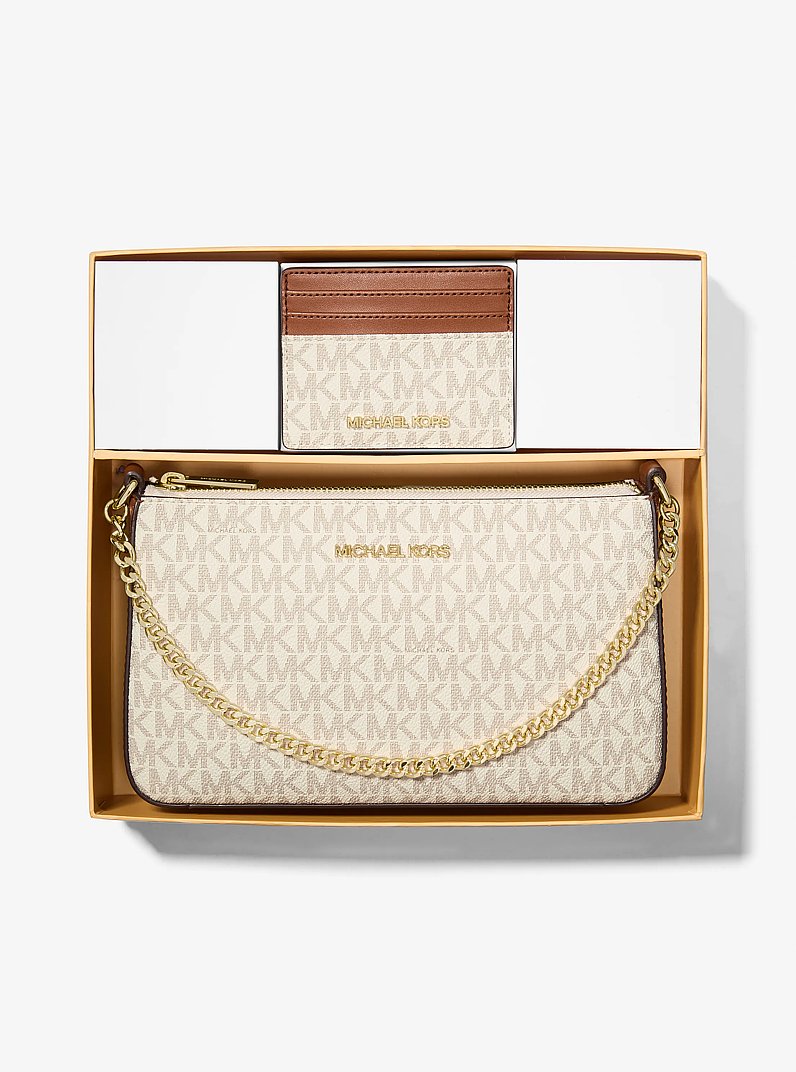 スカーラ　ミックスフラワークロスロゴ サンドベージュ M Medium Logo Pouch and Card Case Gift Set in VANILLA - Sale