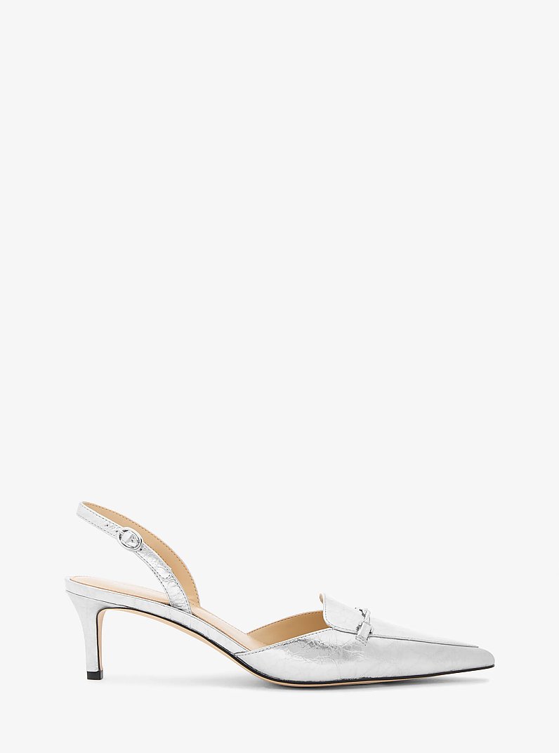 Lena Crackled Metallic Leather Slingback Pump in SILVER | Michael Kors