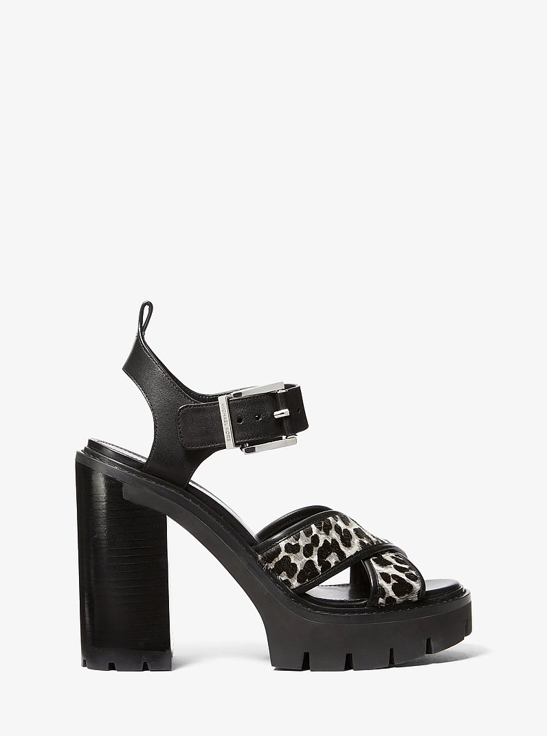 Colby Leopard Print Calf Hair Lug Platform Sandal  in BLACK COMBO | Michael Kors