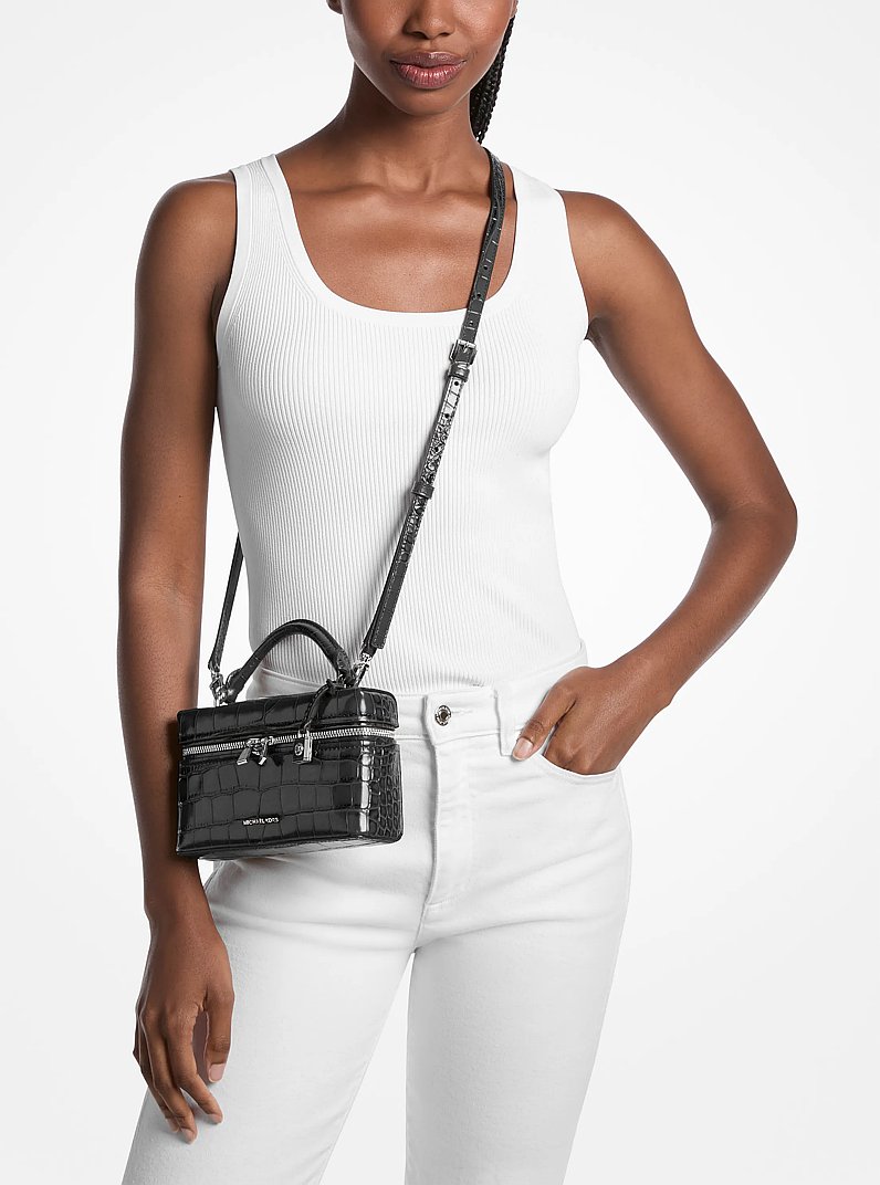 Jana Extra-Small Crocodile Embossed Leather Crossbody Bag in BLACK
