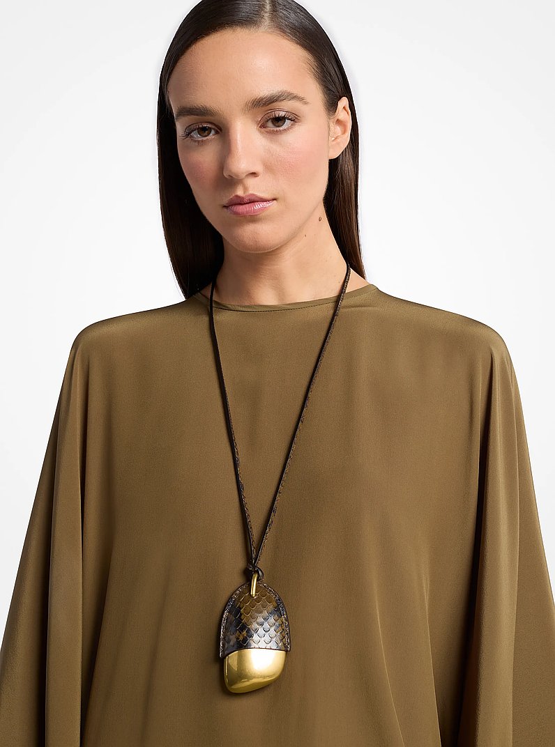 Brushed Brass and Snake Embossed Leather Wrapped Pendant Necklace in FENNEL | Michael Kors