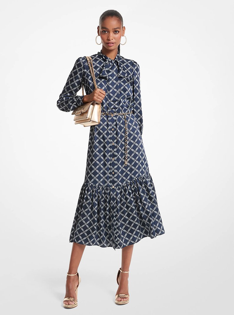 Empire Logo Print Satin Belted Dress in MIDNIGHTBLUE | Michael Kors